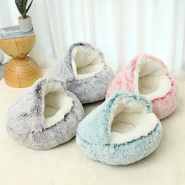 Winter Plush Round Cat Bed 2-in-1 Warm Cat House