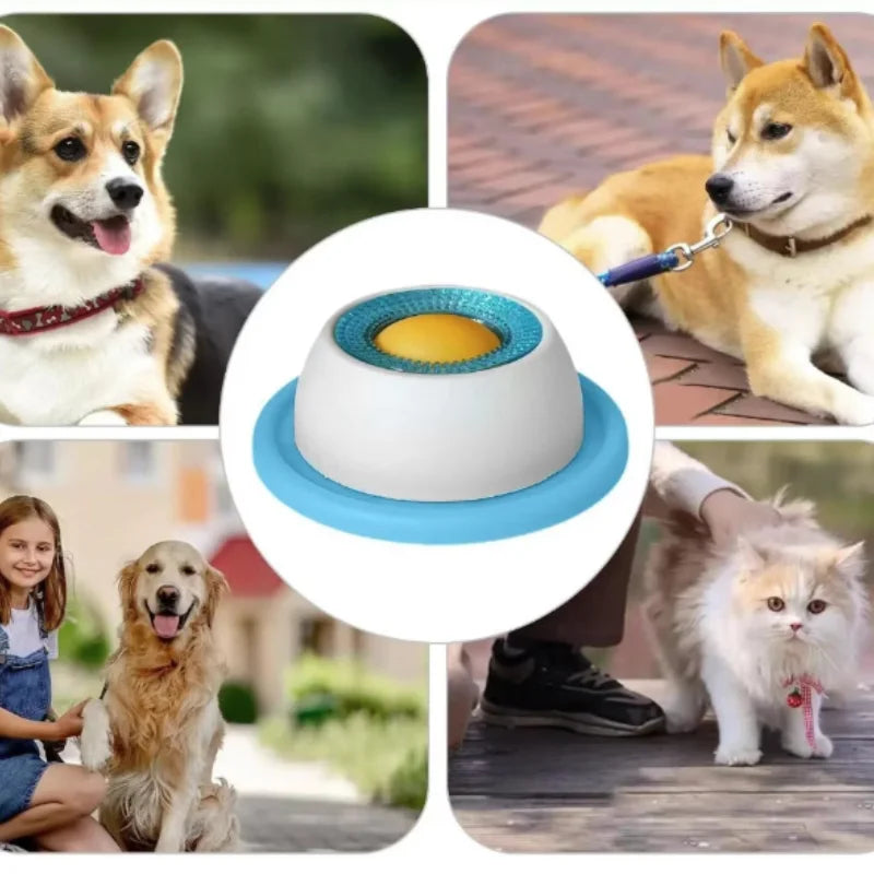A white slow feeder mat is shown in a circular inset, with dogs and a cat visible in the surrounding context.