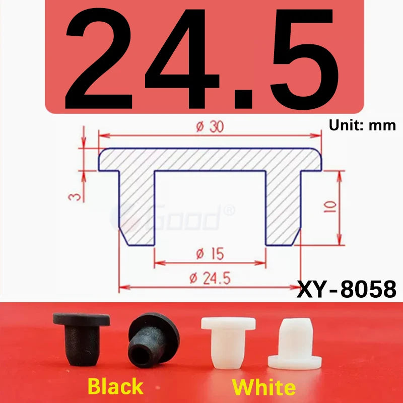 Black and white silicone rubber hole plugs shown with dimensional markings for sealing