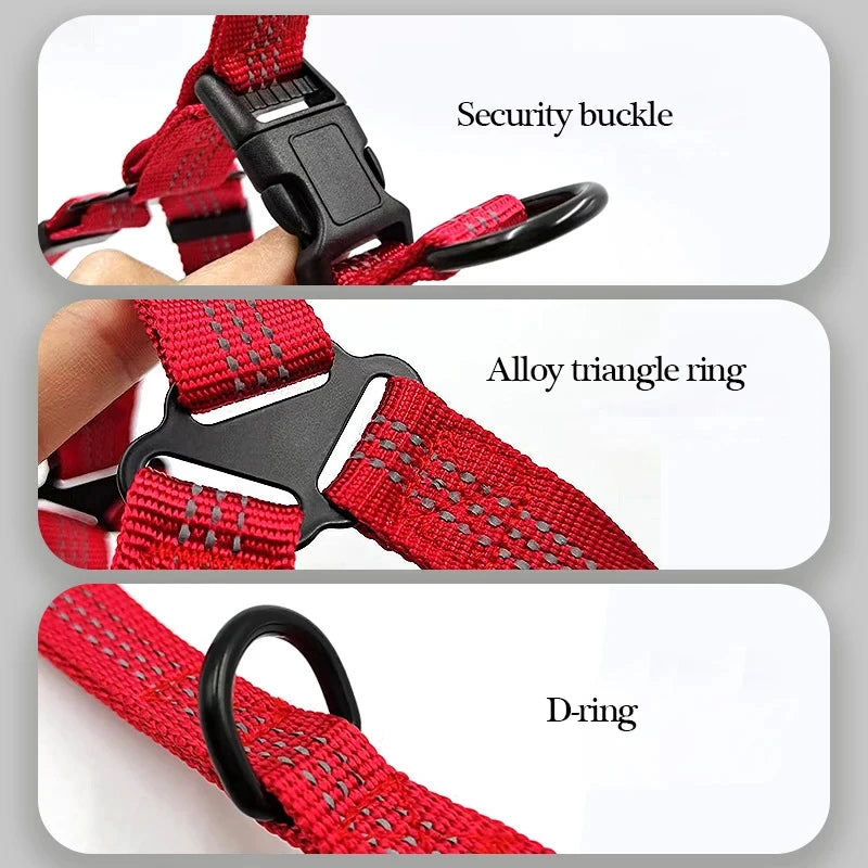 Close-up view of a red breathable reflective dog harness showing security buckle, alloy triangle ring, and D-ring components.