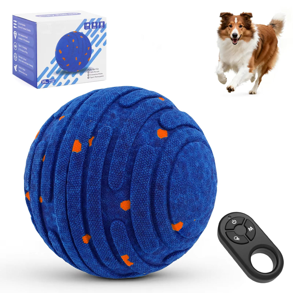 A blue interactive TPU toy ball for dogs with an orange accent, shown next to its remote control.