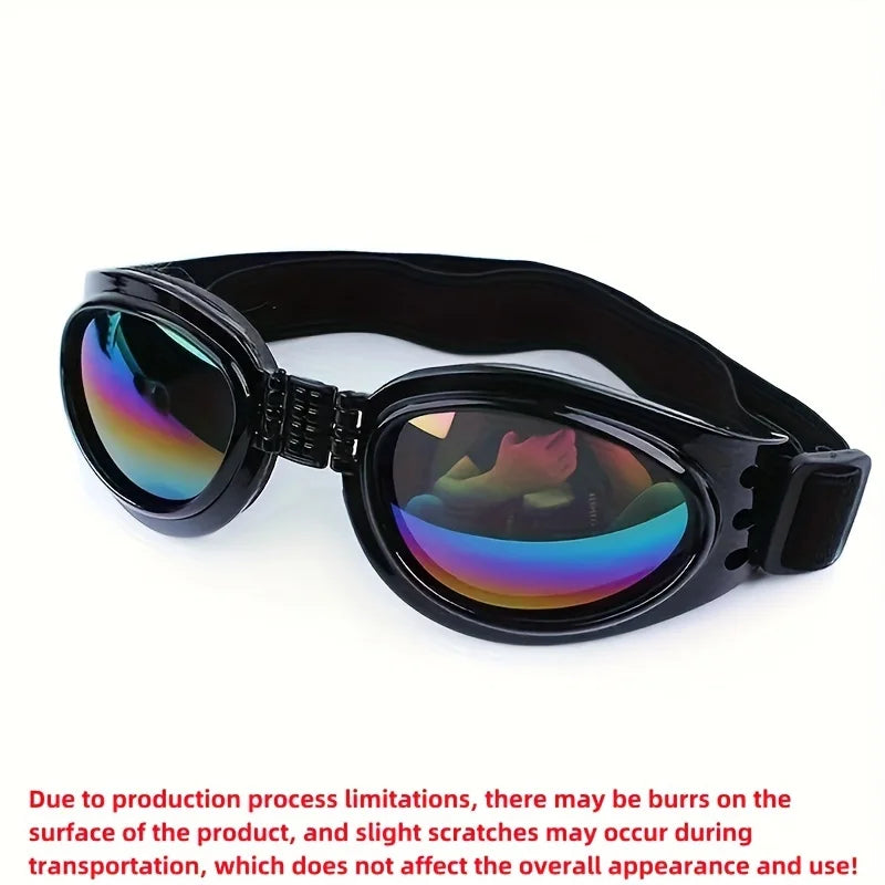 Black collapsible dog sunglasses with adjustable straps shown against a white background