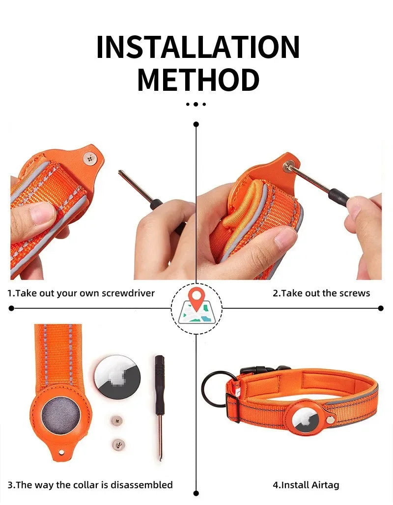 Installation method showing steps to take out screws and install an AirTag into a reflective dog collar.
