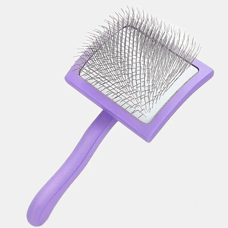 A purple extra-long pin dog slicker brush with a white mesh head for detangling and de-shedding.