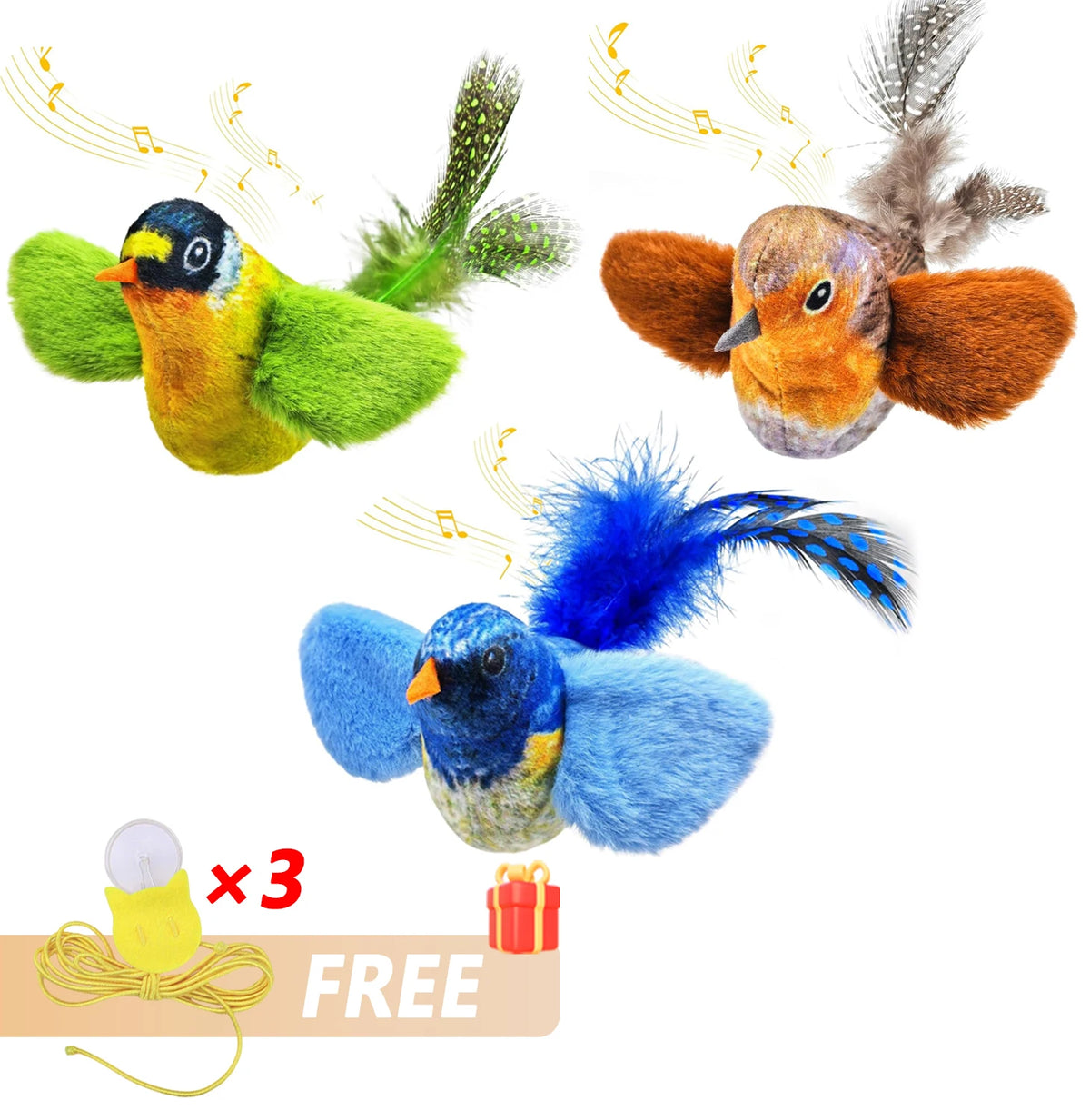 Drei Plüschvogelspielzeuge in gelben, orangefarbenen und blauen Farben mit Federn