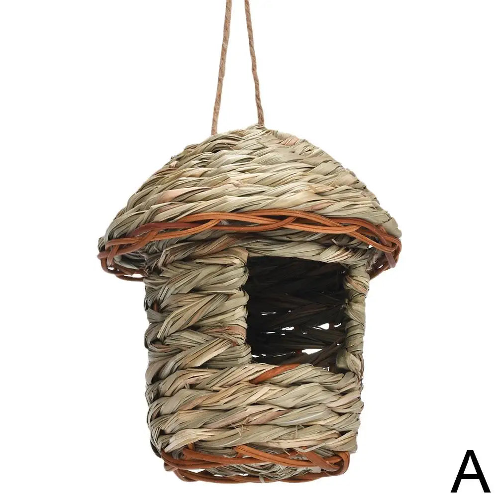 Handwoven straw bird nest for parrots with a woven, dome-shaped structure.