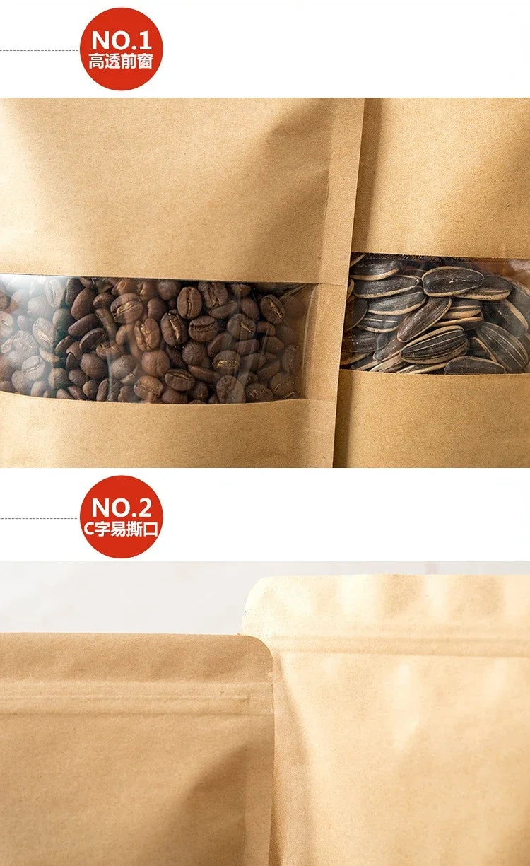 Wiederverwendbare Kraftpapier-Zip-Beutel mit gerösteten Kaffeebohnen und Samen