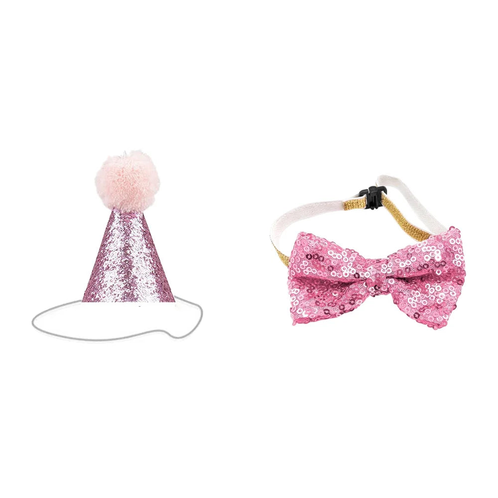 Pink glitter cone party decoration with a fluffy pompom and a pink patterned bow