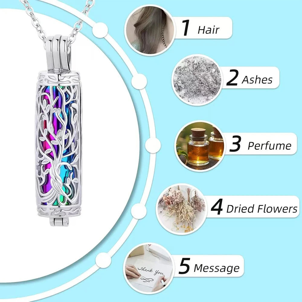 A silver cylinder cremation urn necklace featuring a decorative design for ashes, with five numbered components shown.