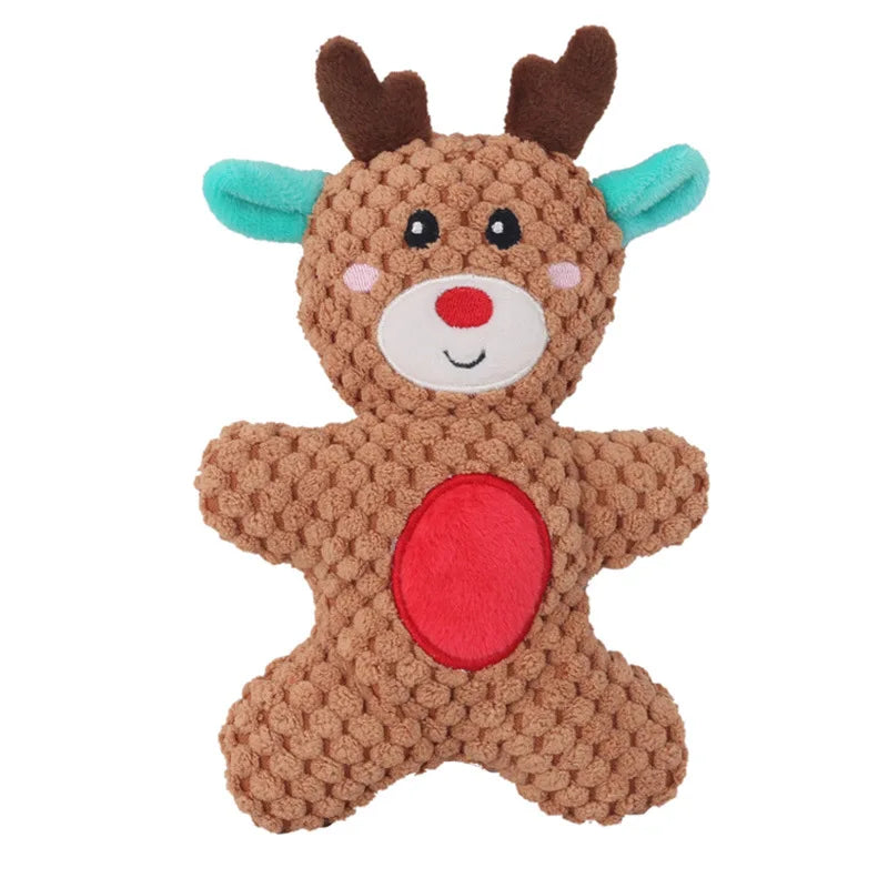 A brown plush toy resembling an elk or reindeer with dark antlers and a red nose.