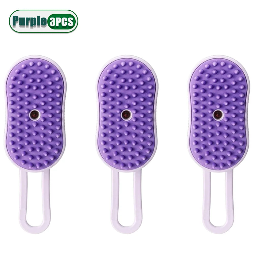 Purple 3-piece self-cleaning cat grooming brush with soft massage bristles
