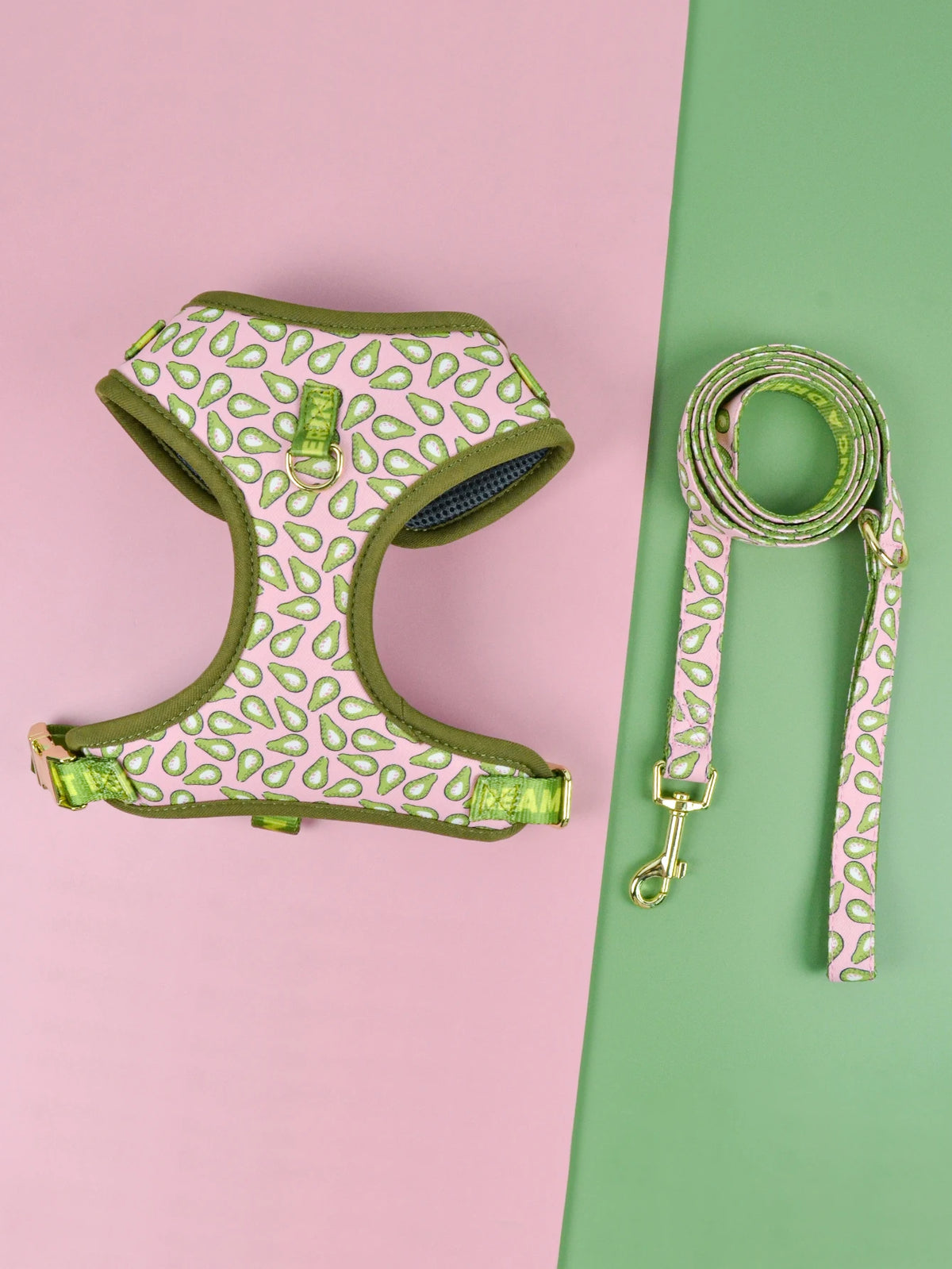 A pink and green patterned pet harness and matching leash displayed on a light pink and green background.