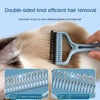 A light blue pet grooming brush is shown being used on a cat's fur to remove knots, demonstrating its double-sided function.