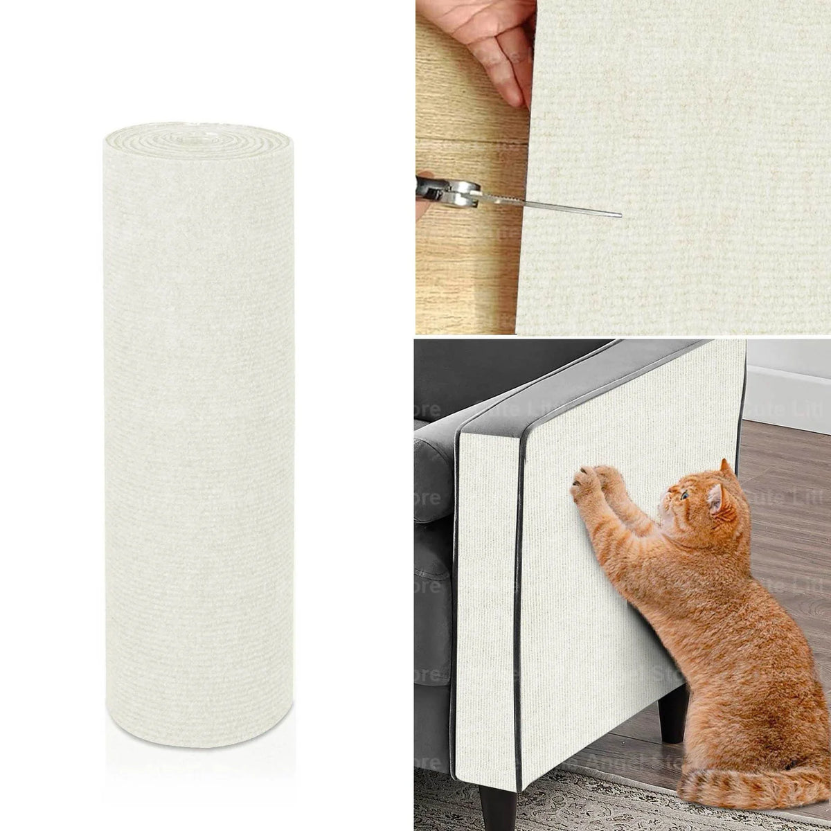 Rouleau de protection autocollant anti-rayures pour chat, montré à côté d'un morceau de bois et d'un chat l'utilisant.