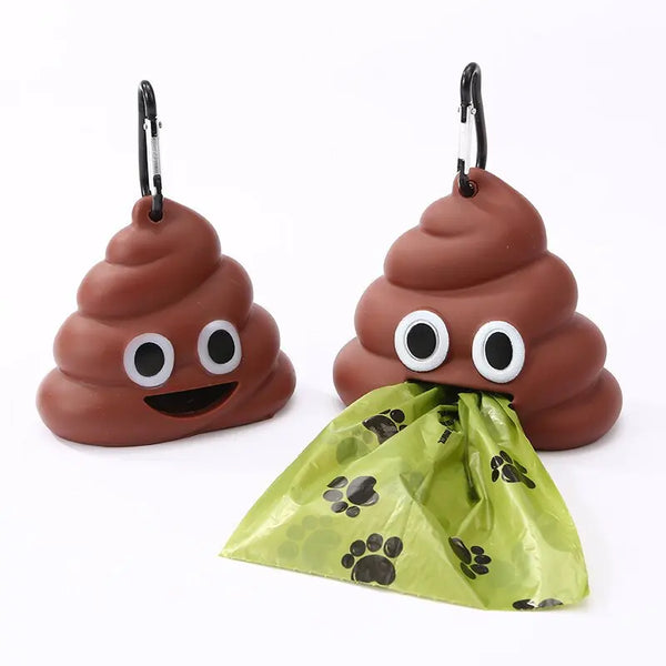 Dispensador cónico marrón para desechos de mascotas con una bolsa verde, sobre fondo blanco.