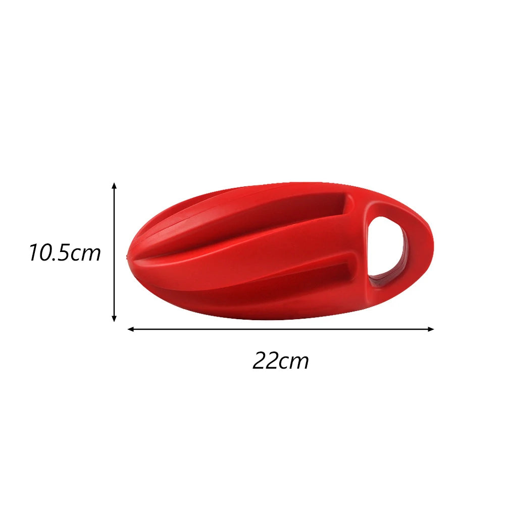 A bright red, oval-shaped dog chew toy designed for teeth cleaning and gum massage.