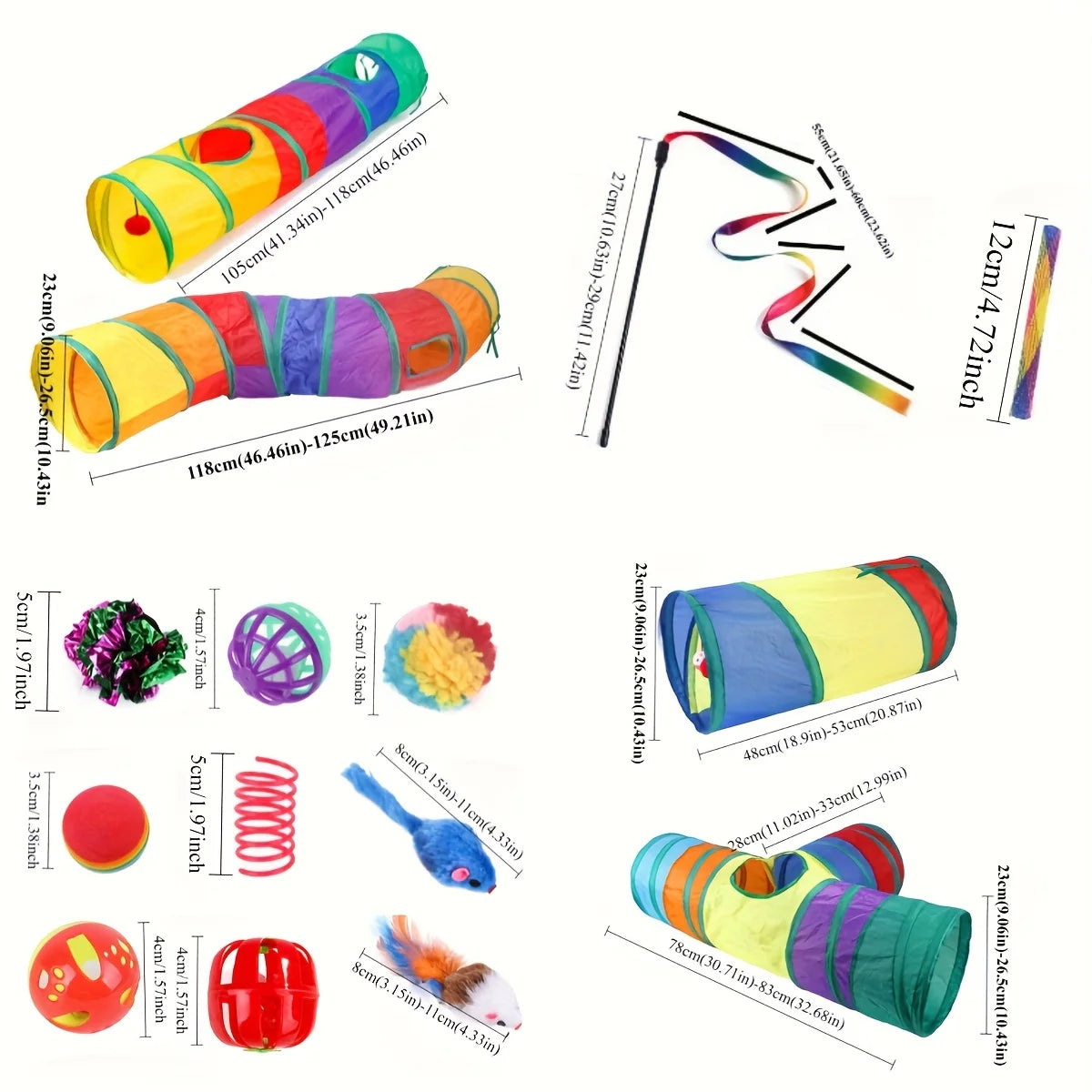 Interactive cat play set featuring a collapsible tunnel, feather teaser wand, and crinkle balls.