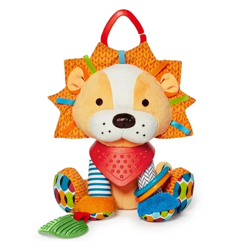 A cute orange and white rabbit plush toy with a red hat and colorful accessories.