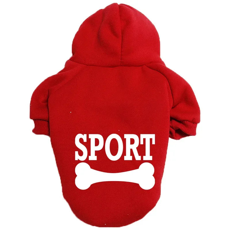 A red cozy fleece pet hoodie for dogs with a large white bone graphic.