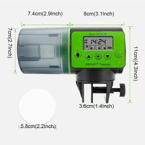 A green automatic fish tank feeder with an LCD timer and feeding mechanism is shown with various dimensions.