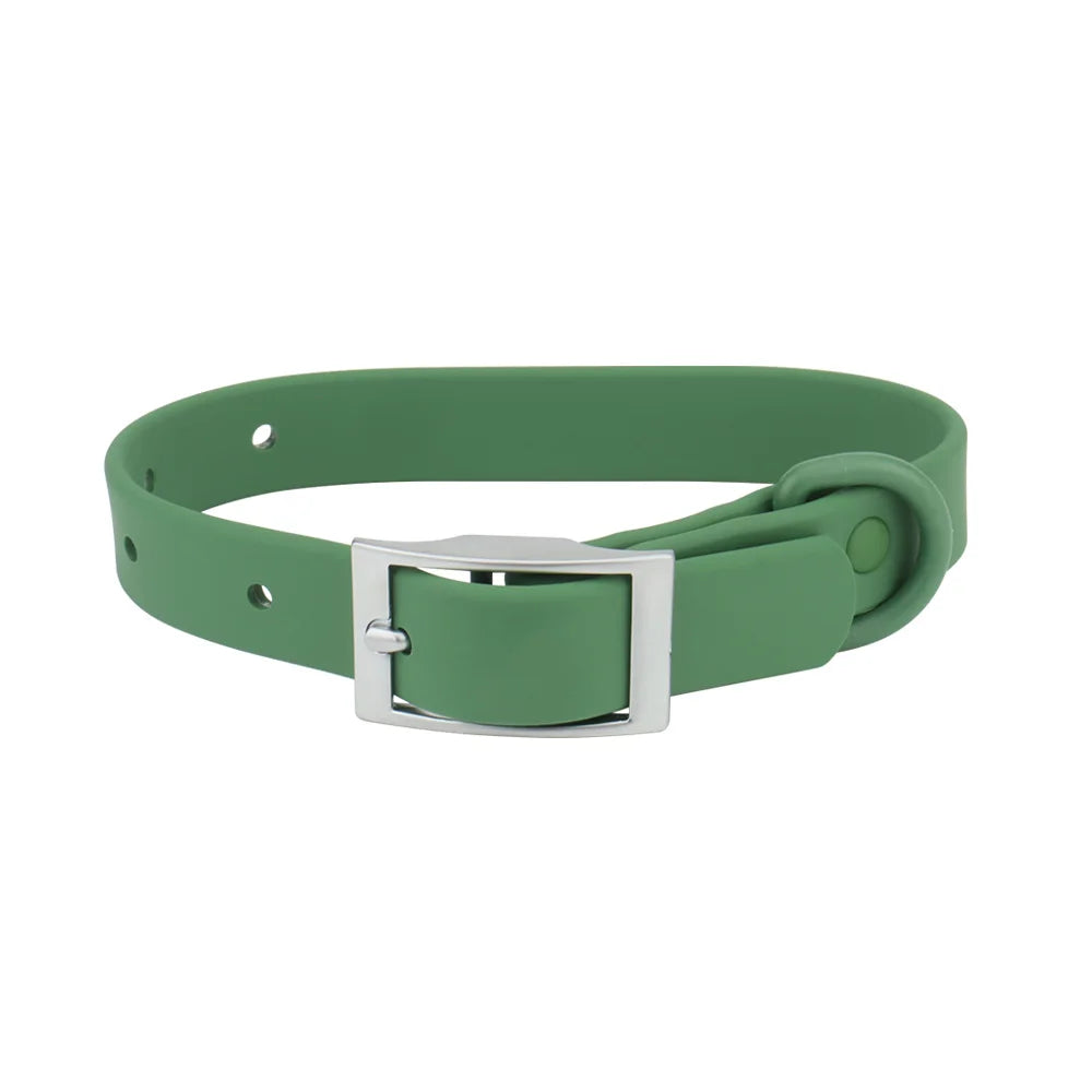 A green adjustable PVC pet collar for dogs and cats.