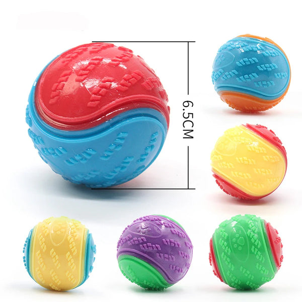 A set of colorful durable TPR interactive balls in red, blue, yellow, purple, and green for dog training.