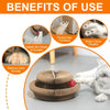 A foldable cat scratcher board with a ball and bell track is shown next to a white cat.