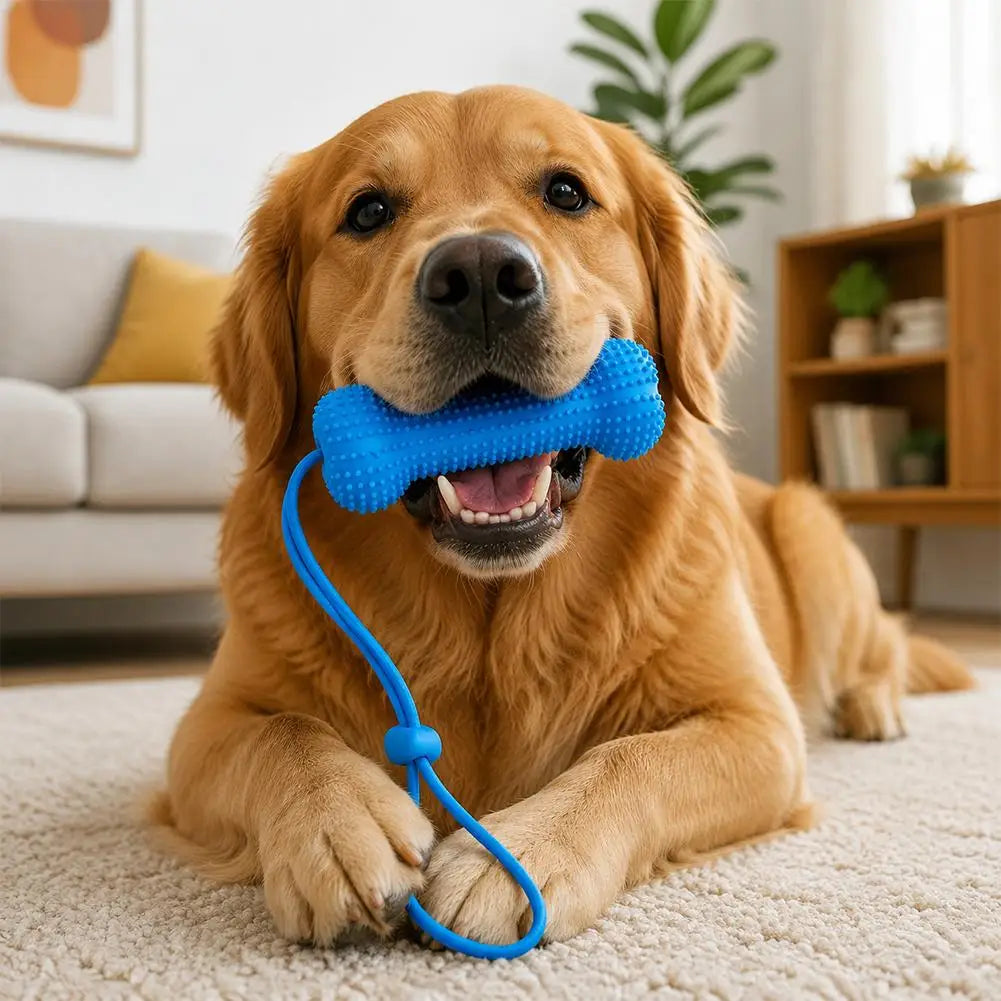 A happy golden retriever dog lying down with a blue chew toy and strap on a light carpet.