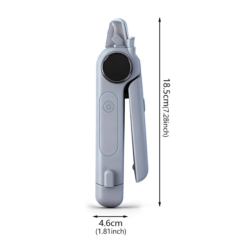 A silver 2-in-1 LED pet nail clipper and grinder tool shown in a vertical orientation.