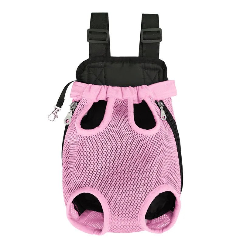 A pink breathable pet carrier backpack with mesh panels and black straps.
