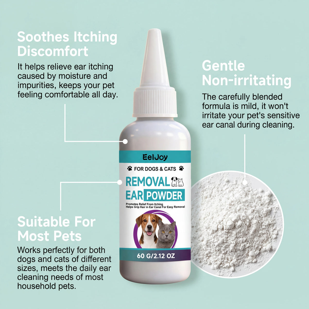 A bottle of EelJoy ear powder for dogs and cats with text describing its soothing and non-irritating benefits.