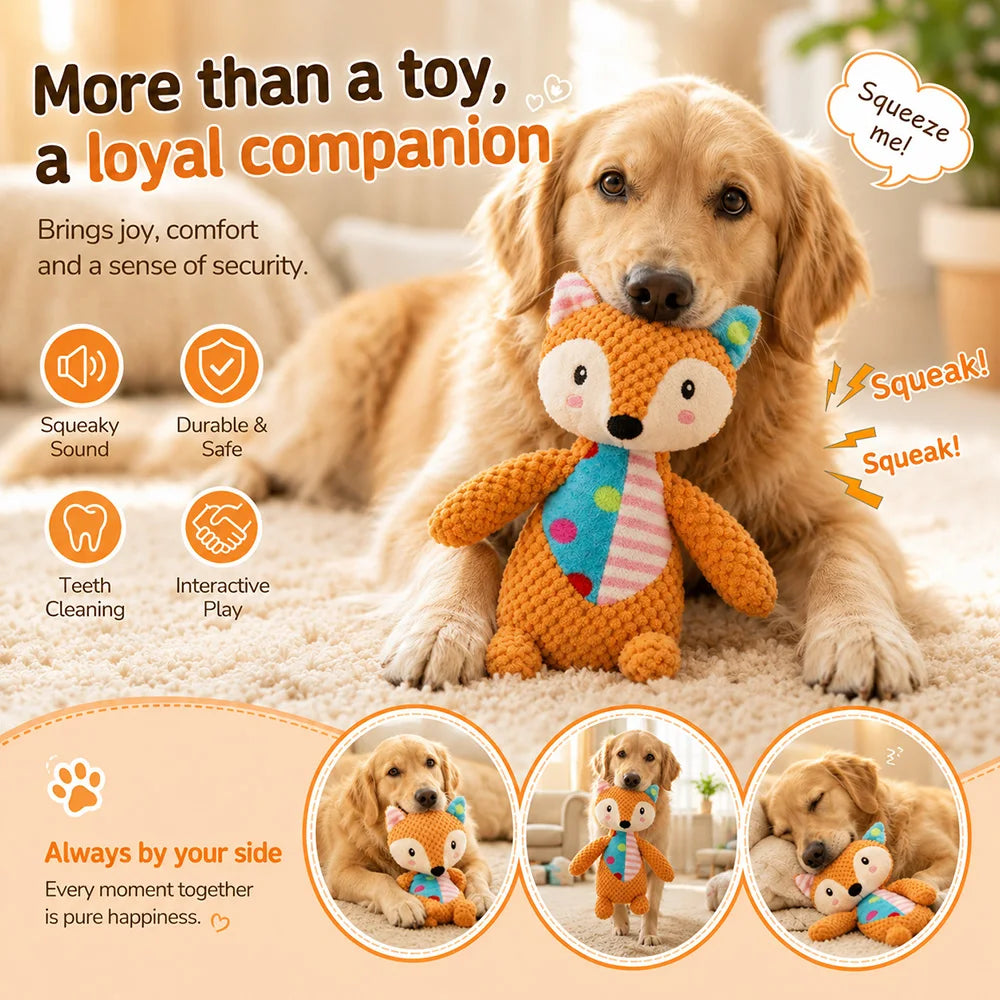 A golden retriever is lying down next to a plush orange fox toy for dogs and cats