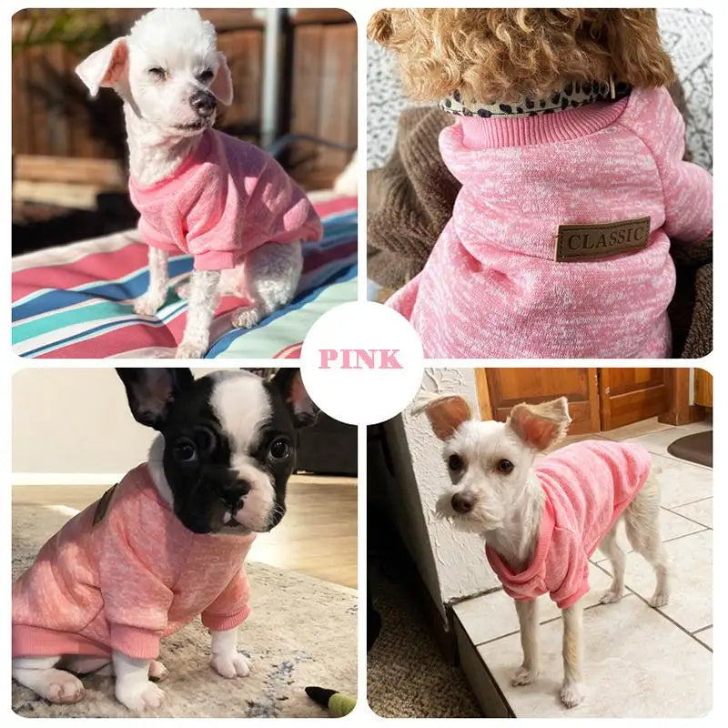 Three images of pink cozy winter dog jackets for small breeds shown on dogs.