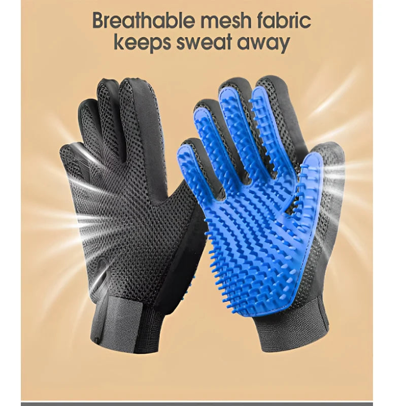 A pair of blue silicone pet grooming gloves shown against a light background.