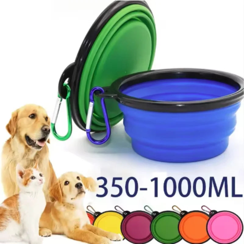 A green silicone pet travel bowl and various colored silicone bowls are shown with small dogs.