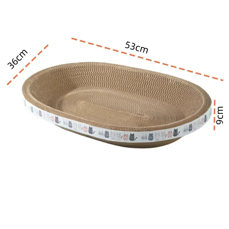 A round, beige corrugated cat scratcher pad with a textured surface and decorative border.
