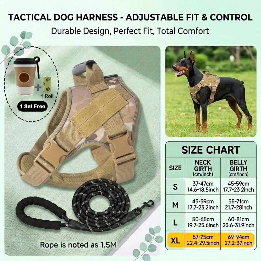 A tan tactical dog harness and leash set displayed on a green background with a size chart.