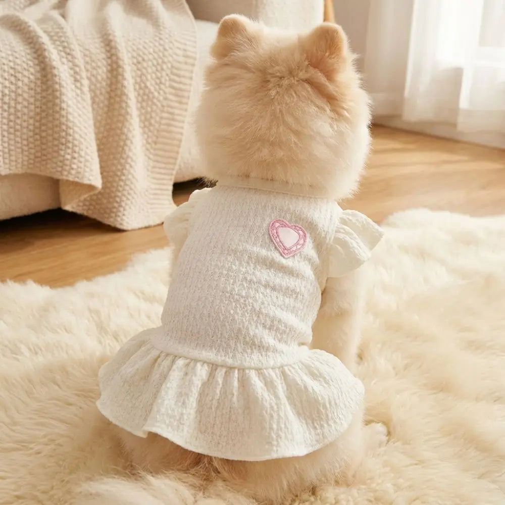 A fluffy light beige dog wearing a white knitted dress with pink heart details, sitting on a cream rug.