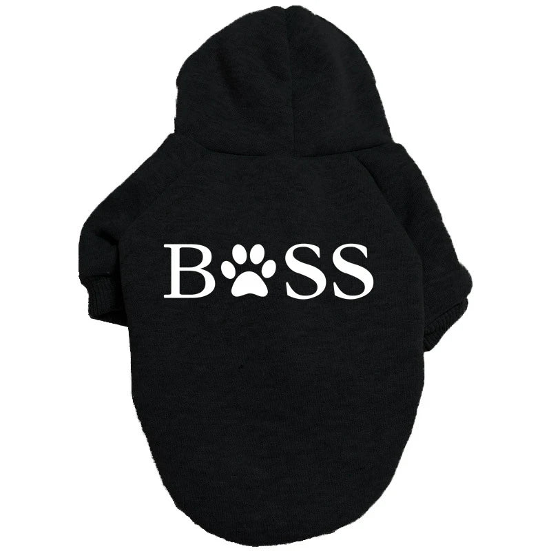 Black cozy fleece hoodie with white text reading BOSS on the back