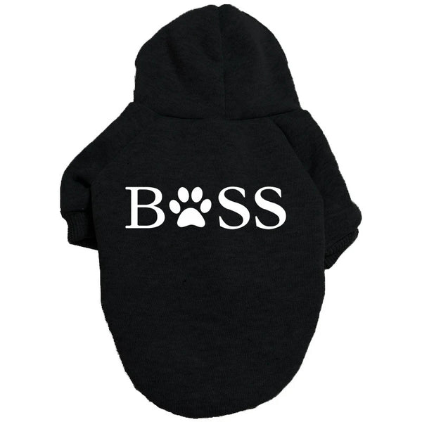 Black cozy fleece hoodie with white text reading BOSS on the back