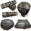A set of multi-shape cat tunnels and playhouses made of black mesh fabric with colorful accents.