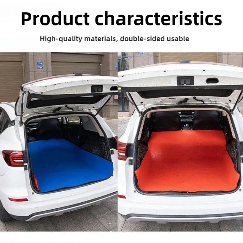Two views of a white car trunk fitted with blue and orange waterproof mats for pet barriers