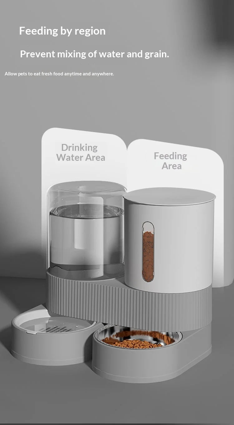 A white automatic gravity pet feeder and water dispenser combo showing separate areas for feeding and drinking.