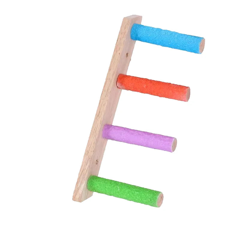 Wooden bird climbing ladder with five colored plastic bars in blue, orange, purple, and green.