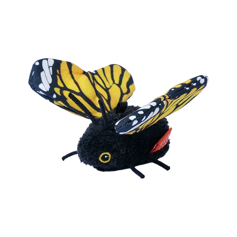 A black and yellow automatic flapping butterfly cat toy with a red nose.