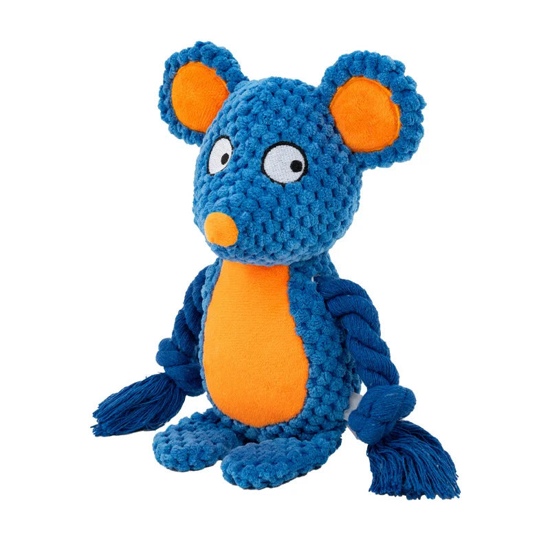 A blue and orange plush animal toy resembling a dog, made of rope material.