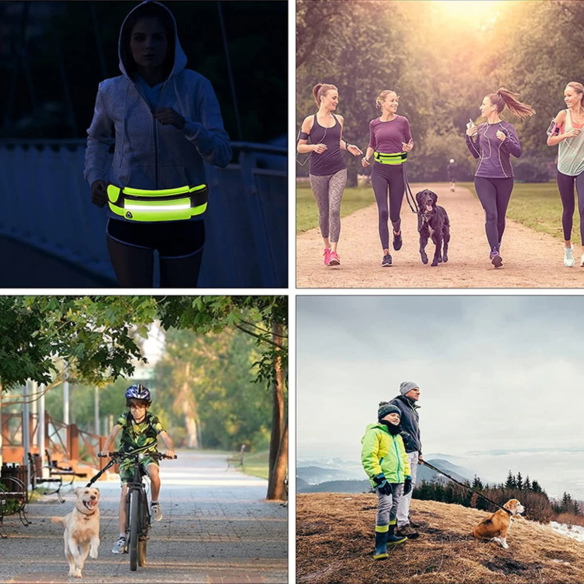 A woman wearing a hands-free dog leash with a waist bag and reflective stitching is running outdoors.