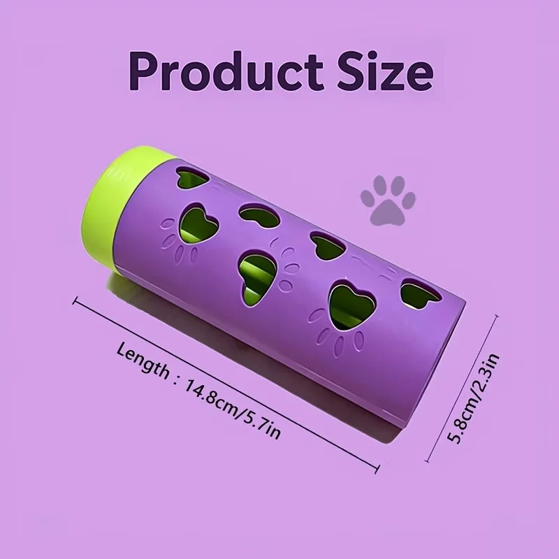 Purple slow feeder treat dispenser for pets with heart-shaped holes, shown with dimensions.