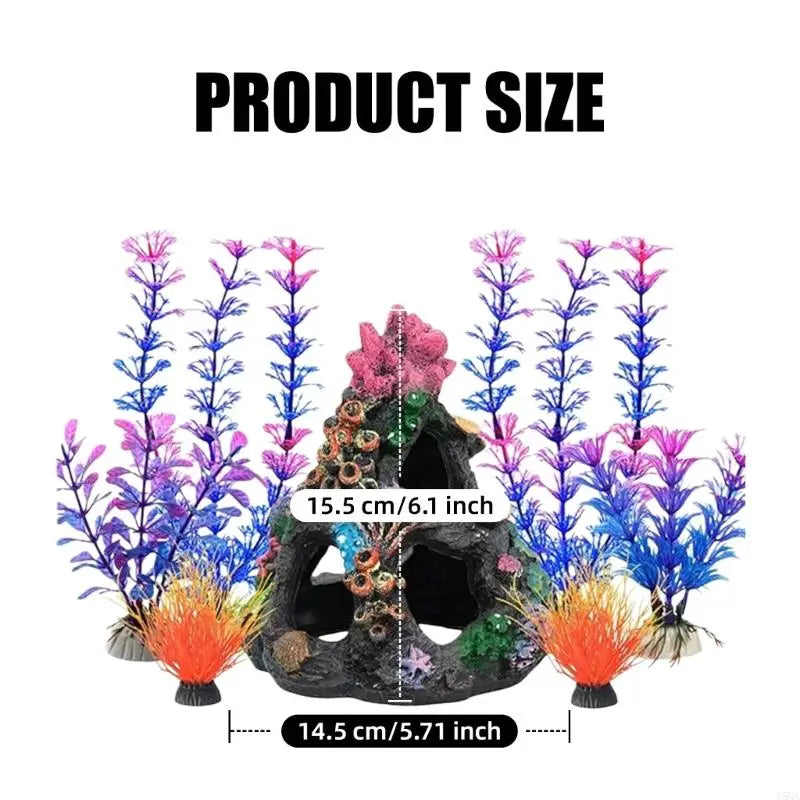 A set of coral reef aquarium decor resin fish tank ornaments featuring vibrant purple, blue, and orange floral shapes.
