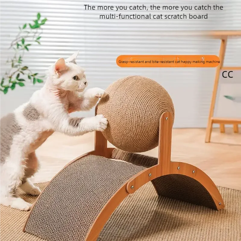 Un chat blanc interagit avec un scratchboard multi-fonctionnel en bois et corde de sisal.